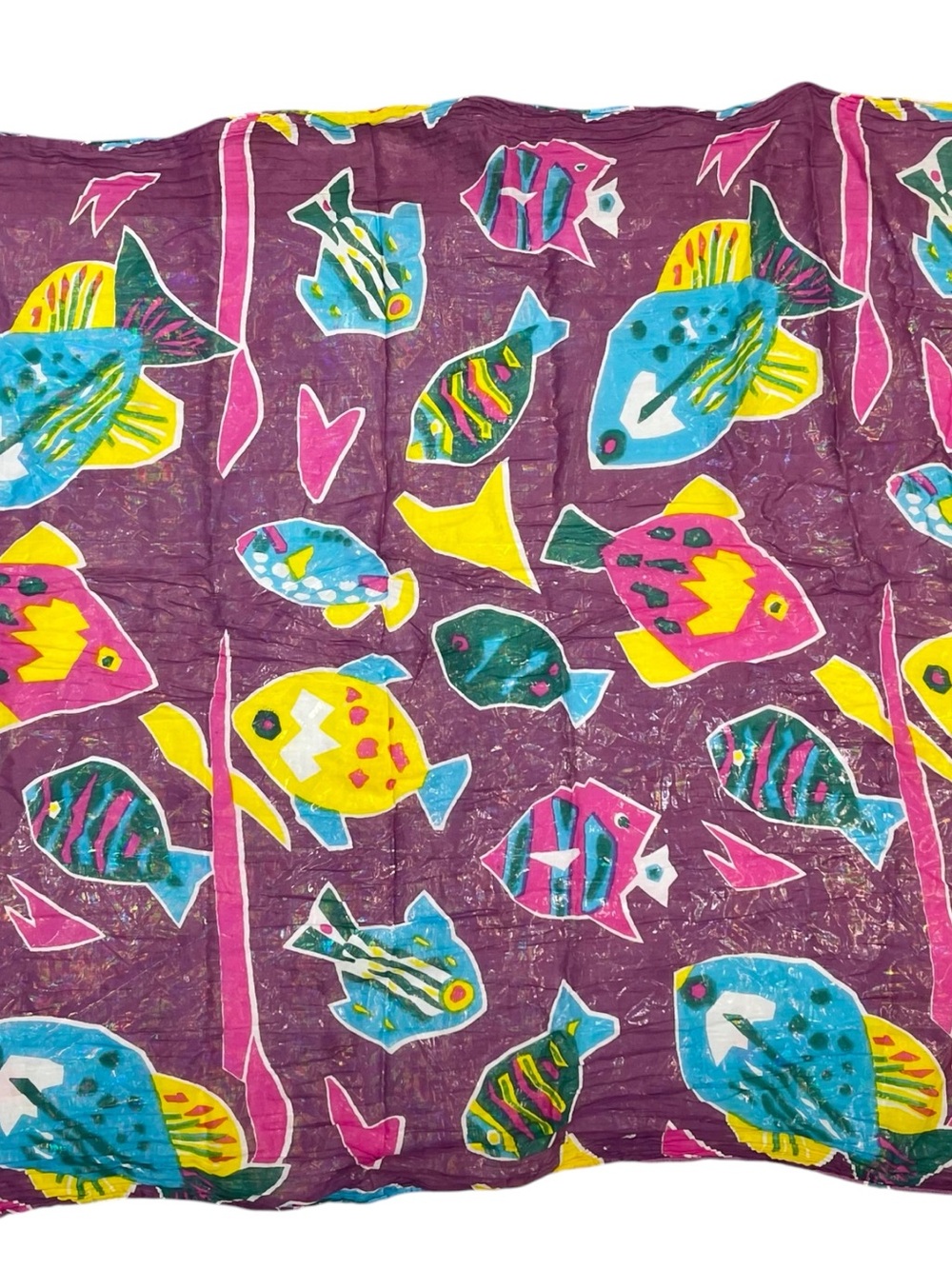 Vintage Tropical Fish Print Scarf Purple Neon Ocean Novelty Sheer Wrap Retro